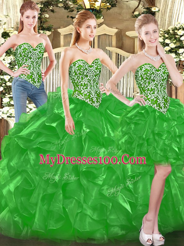 Shining Floor Length Green Quinceanera Gown Tulle Sleeveless Beading and Ruffles