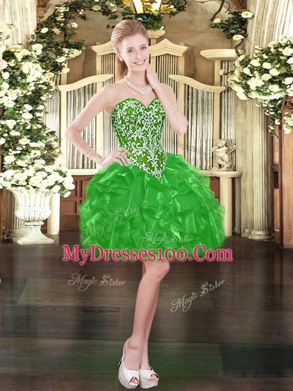 Shining Floor Length Green Quinceanera Gown Tulle Sleeveless Beading and Ruffles