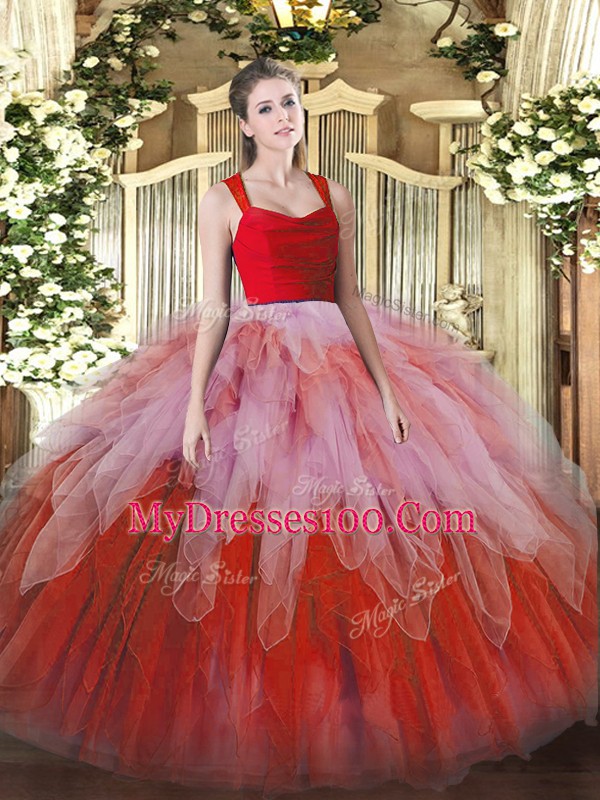 Comfortable Multi-color Ball Gowns Lace and Ruffles Sweet 16 Dresses Zipper Organza Sleeveless Floor Length