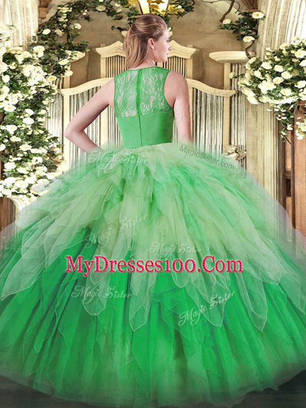 Comfortable Multi-color Ball Gowns Lace and Ruffles Sweet 16 Dresses Zipper Organza Sleeveless Floor Length