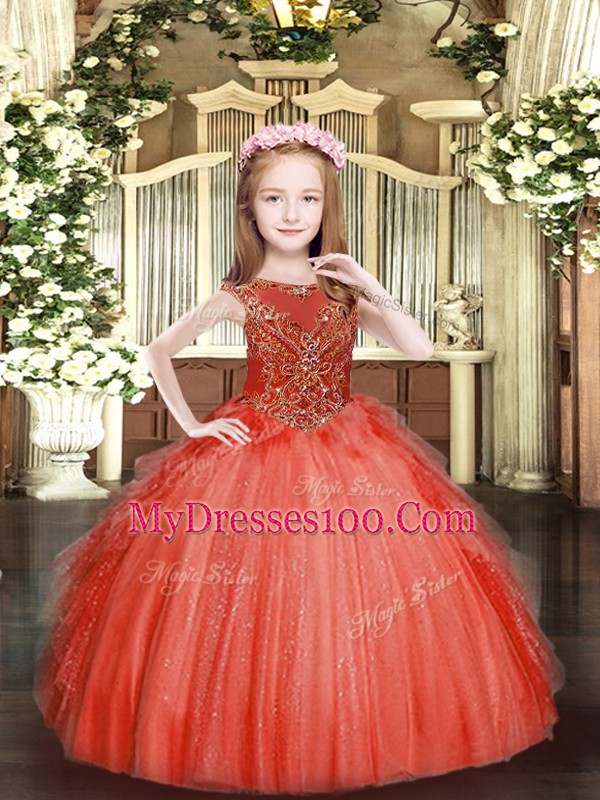 Red Sleeveless Floor Length Beading and Ruffles Zipper Girls Pageant Dresses