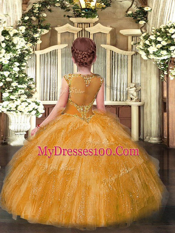 Red Sleeveless Floor Length Beading and Ruffles Zipper Girls Pageant Dresses
