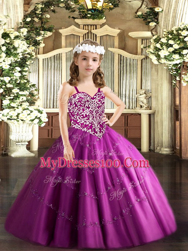 Hot Sale Fuchsia Lace Up Little Girls Pageant Gowns Beading and Appliques Sleeveless Floor Length