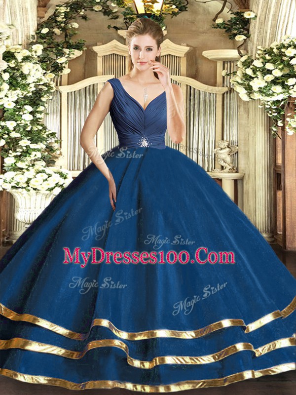 Navy Blue Sleeveless Tulle Backless Sweet 16 Quinceanera Dress for Sweet 16 and Quinceanera