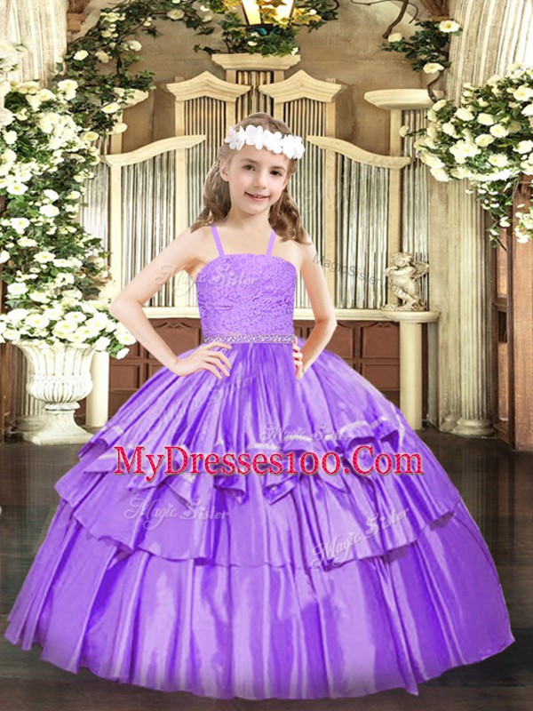 Lavender Ball Gowns Straps Sleeveless Organza Floor Length Zipper Beading and Lace and Ruffled Layers Pageant Gowns For Girls