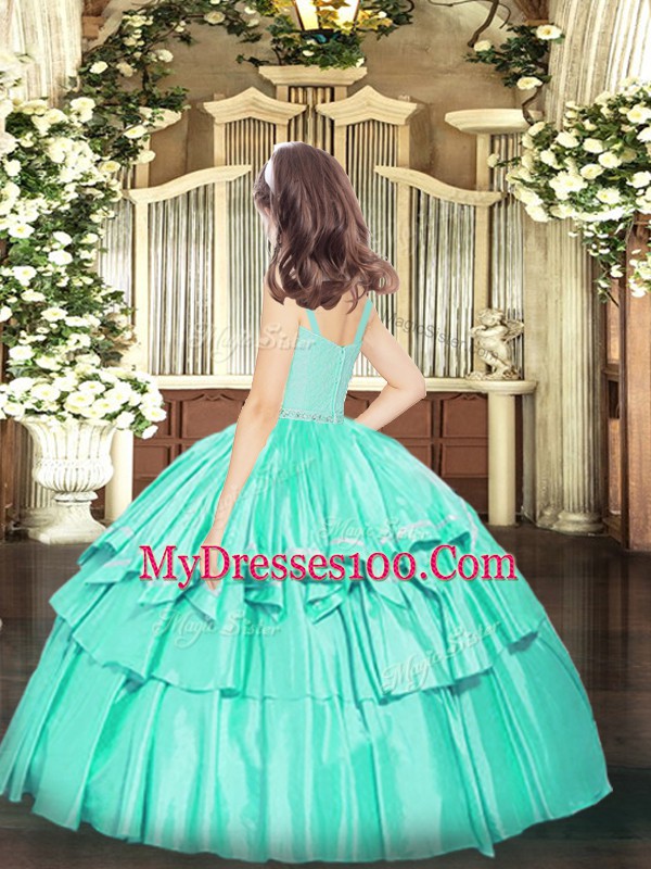 Lavender Ball Gowns Straps Sleeveless Organza Floor Length Zipper Beading and Lace and Ruffled Layers Pageant Gowns For Girls