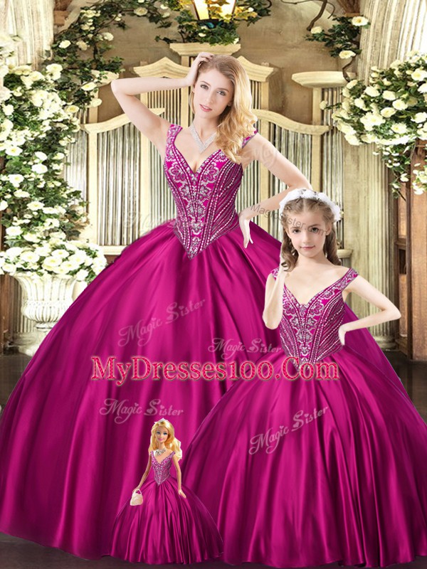 Organza Straps Sleeveless Lace Up Beading Quinceanera Dresses in Fuchsia