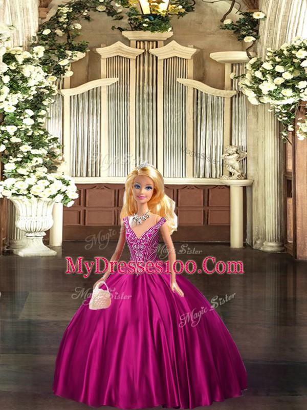 Organza Straps Sleeveless Lace Up Beading Quinceanera Dresses in Fuchsia