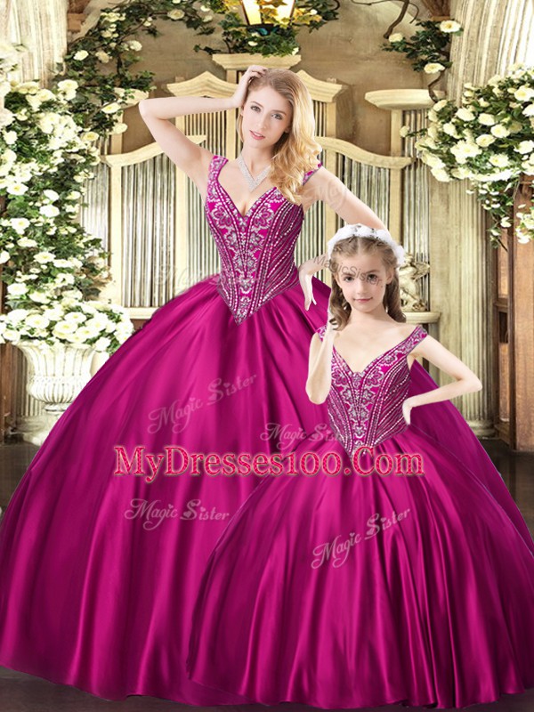 Organza Straps Sleeveless Lace Up Beading Quinceanera Dresses in Fuchsia
