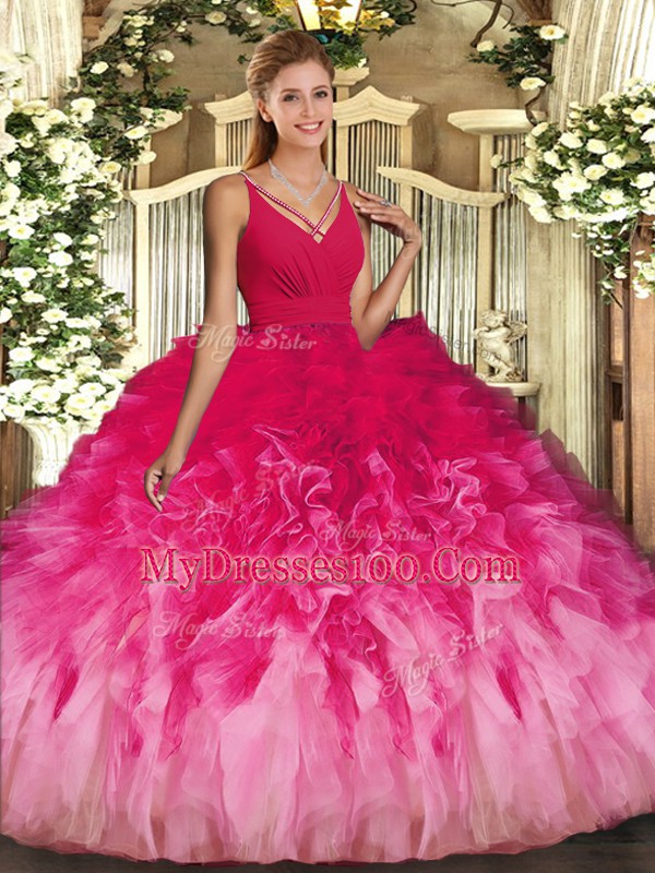 Stylish Sleeveless Backless Floor Length Beading and Ruffles Quinceanera Dress