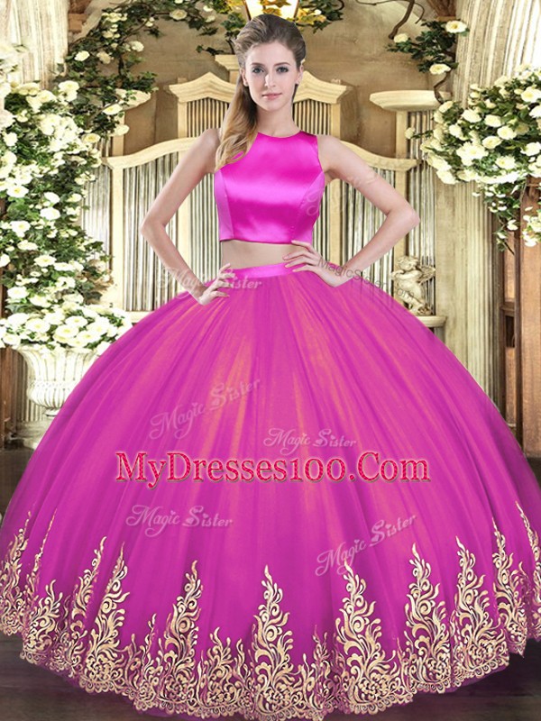 Floor Length Criss Cross Sweet 16 Quinceanera Dress Fuchsia for Military Ball and Sweet 16 and Quinceanera with Appliques