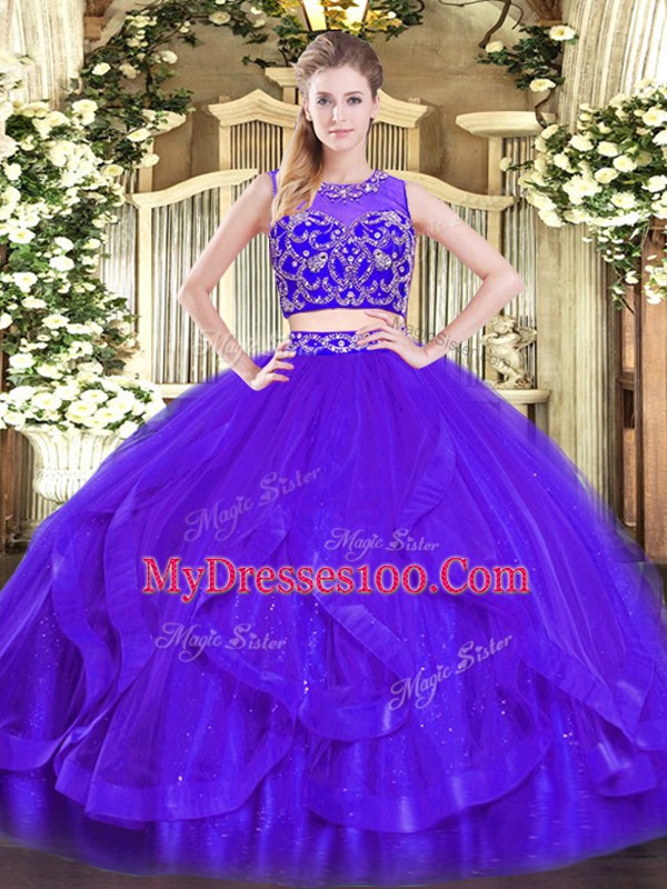 Modest Purple Sleeveless Floor Length Beading and Ruffles Zipper Quince Ball Gowns