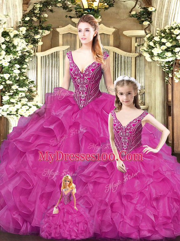 Fuchsia Sleeveless Floor Length Beading and Ruffles Lace Up Quinceanera Gowns
