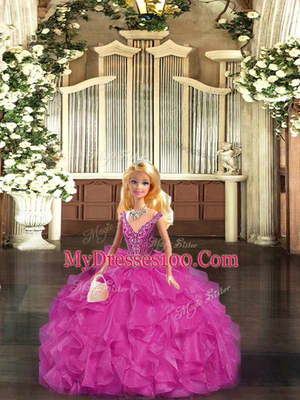 Fuchsia Sleeveless Floor Length Beading and Ruffles Lace Up Quinceanera Gowns