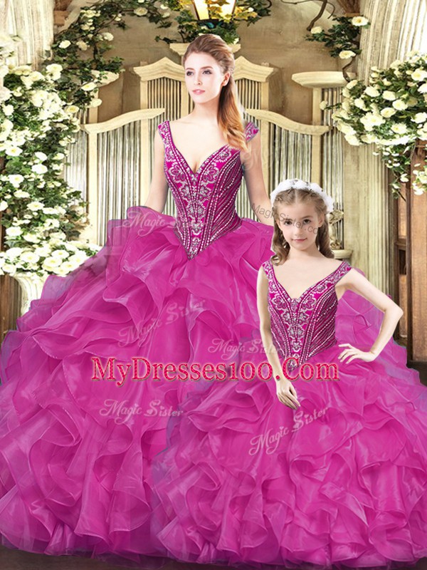 Fuchsia Sleeveless Floor Length Beading and Ruffles Lace Up Quinceanera Gowns