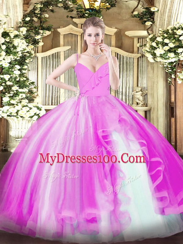 Stylish Fuchsia Spaghetti Straps Zipper Ruffles 15 Quinceanera Dress Sleeveless