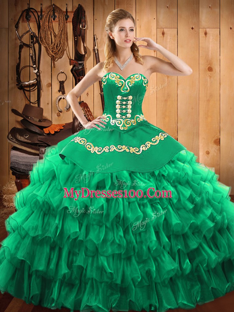 Halter Top Sleeveless Quince Ball Gowns Floor Length Embroidery and Ruffled Layers Green Satin and Organza