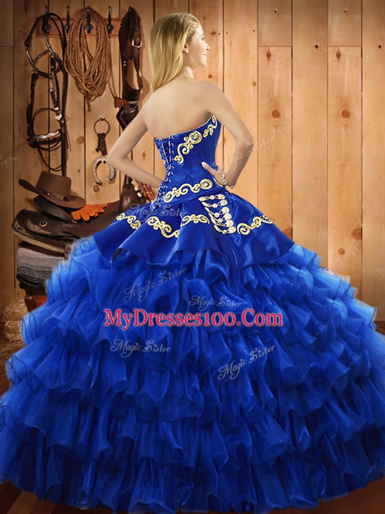 Halter Top Sleeveless Quince Ball Gowns Floor Length Embroidery and Ruffled Layers Green Satin and Organza