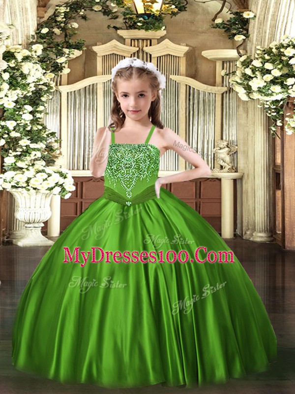 Green Lace Up Straps Beading Pageant Dress for Teens Satin Sleeveless