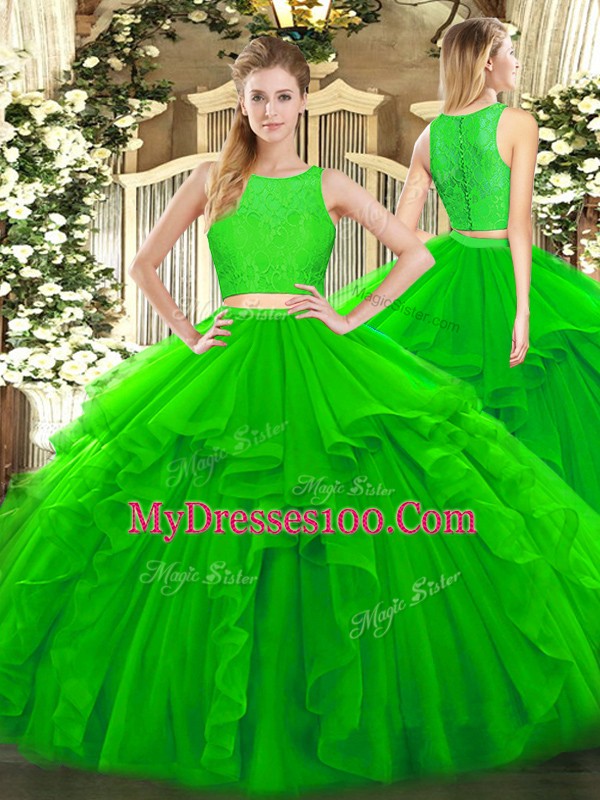 Green Zipper Ball Gown Prom Dress Ruffles Sleeveless Floor Length