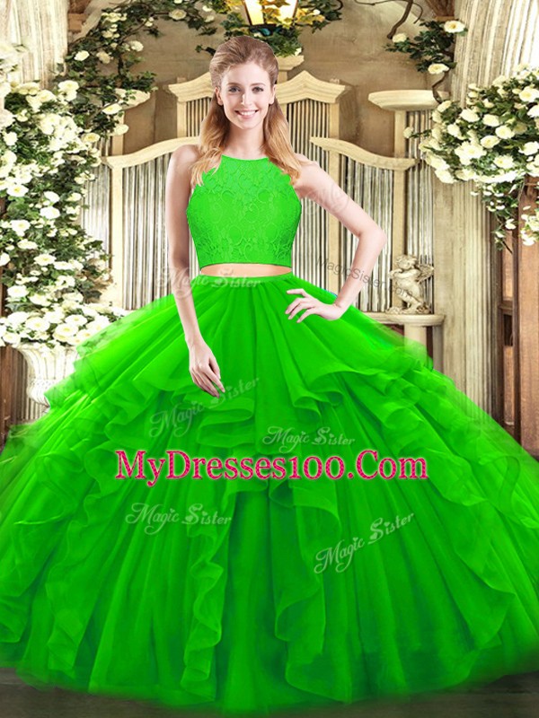 Green Zipper Ball Gown Prom Dress Ruffles Sleeveless Floor Length