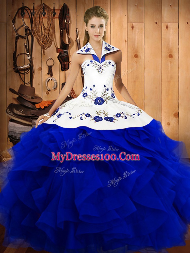 Ball Gowns Quinceanera Dress Royal Blue Halter Top Tulle Sleeveless Floor Length Lace Up