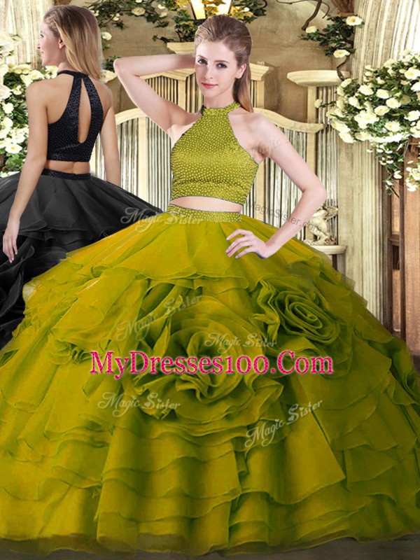Unique Sleeveless Tulle Floor Length Backless Quince Ball Gowns in Olive Green with Beading and Ruffles