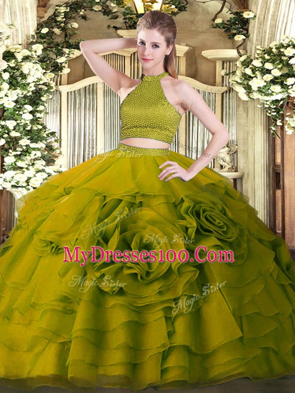 Unique Sleeveless Tulle Floor Length Backless Quince Ball Gowns in Olive Green with Beading and Ruffles