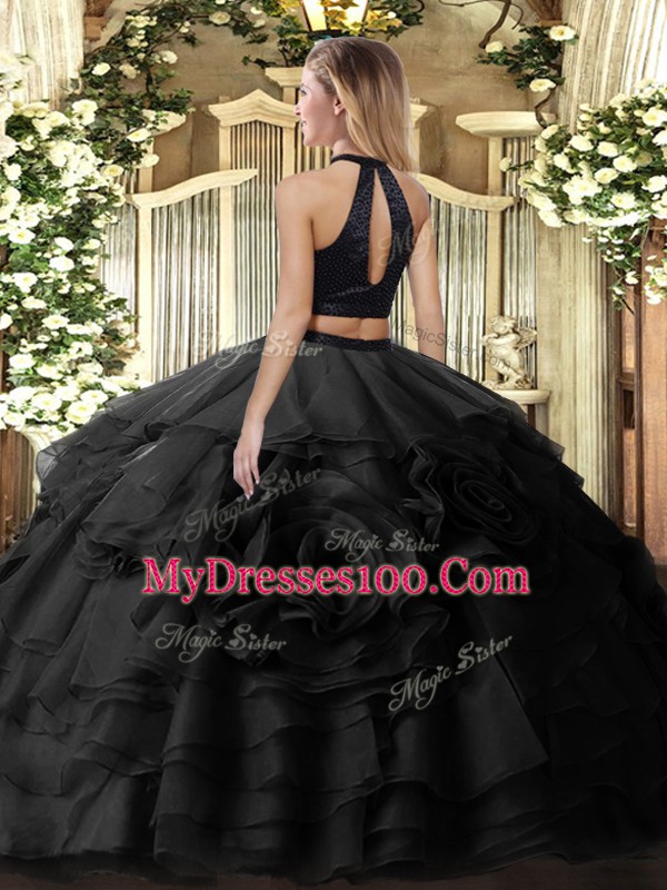 Unique Sleeveless Tulle Floor Length Backless Quince Ball Gowns in Olive Green with Beading and Ruffles