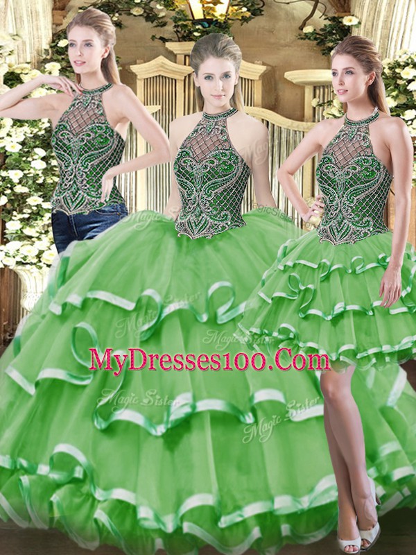 Excellent Green Quinceanera Dress Military Ball and Sweet 16 and Quinceanera with Beading and Ruffled Layers High-neck Sleeveless Lace Up