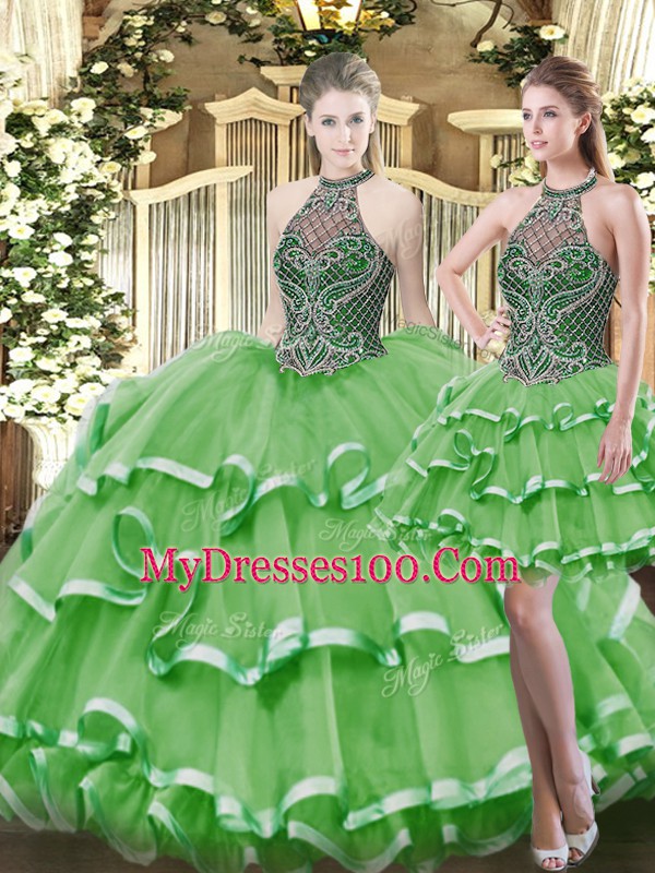 Excellent Green Quinceanera Dress Military Ball and Sweet 16 and Quinceanera with Beading and Ruffled Layers High-neck Sleeveless Lace Up