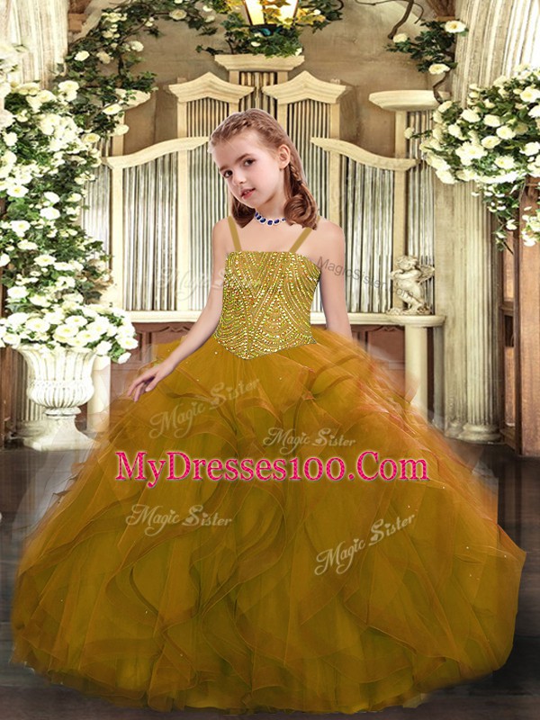 Inexpensive Floor Length Ball Gowns Sleeveless Olive Green Child Pageant Dress Lace Up