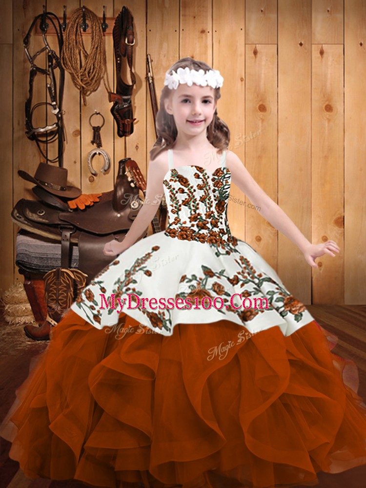 Sweet Organza Sleeveless Floor Length Girls Pageant Dresses and Embroidery and Ruffles