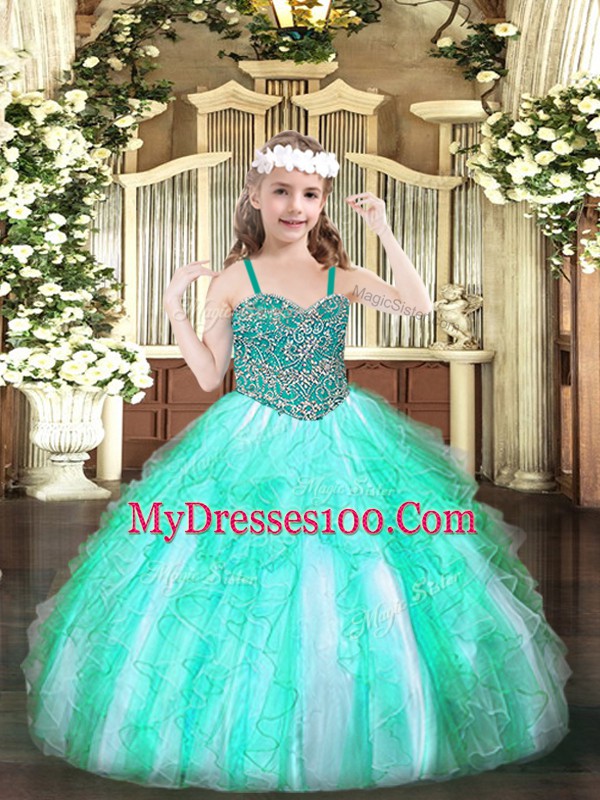 Fashionable Ball Gowns Little Girl Pageant Gowns Apple Green Straps Organza Sleeveless Floor Length Lace Up