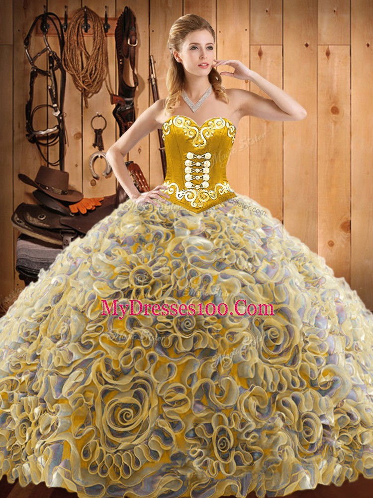 Multi-color Ball Gowns Sweetheart Sleeveless Satin and Fabric With Rolling Flowers With Train Sweep Train Lace Up Embroidery Vestidos de Quinceanera