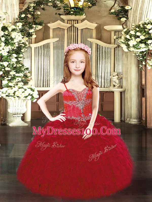 Attractive Floor Length Wine Red Little Girls Pageant Gowns Spaghetti Straps Sleeveless Lace Up