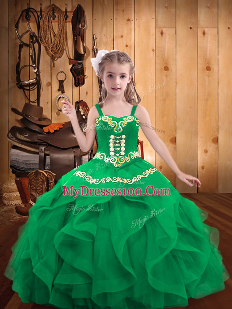 On Sale Turquoise Sleeveless Embroidery and Ruffles Floor Length Little Girls Pageant Gowns
