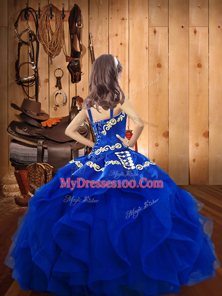 On Sale Turquoise Sleeveless Embroidery and Ruffles Floor Length Little Girls Pageant Gowns