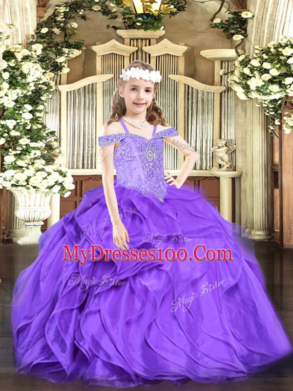 Pretty Lavender Organza Lace Up Little Girls Pageant Gowns Sleeveless Floor Length Beading and Ruffles