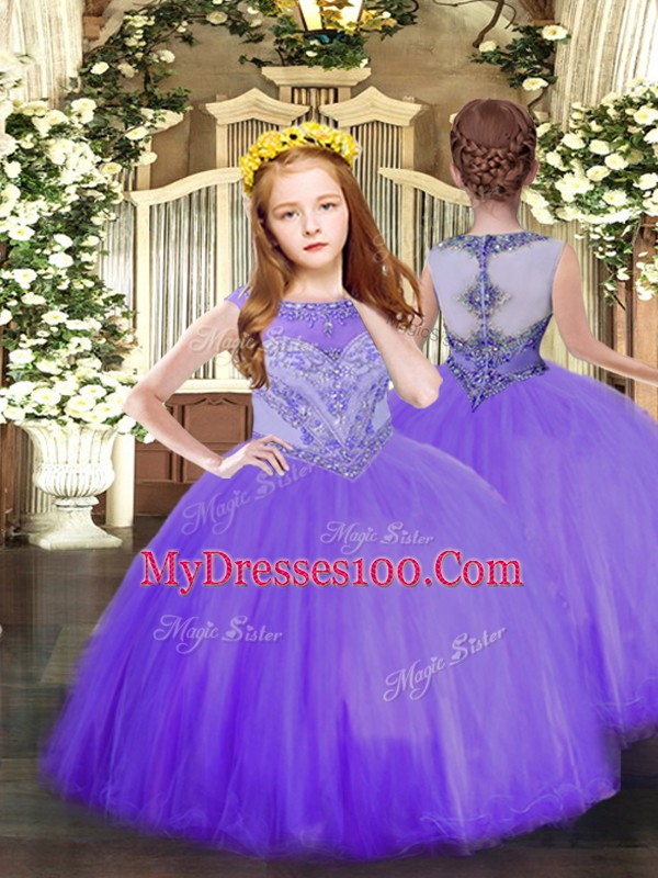 Trendy Lavender Tulle Zipper Scoop Sleeveless Floor Length Little Girls Pageant Gowns Beading