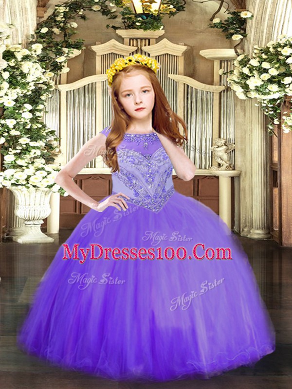 Trendy Lavender Tulle Zipper Scoop Sleeveless Floor Length Little Girls Pageant Gowns Beading