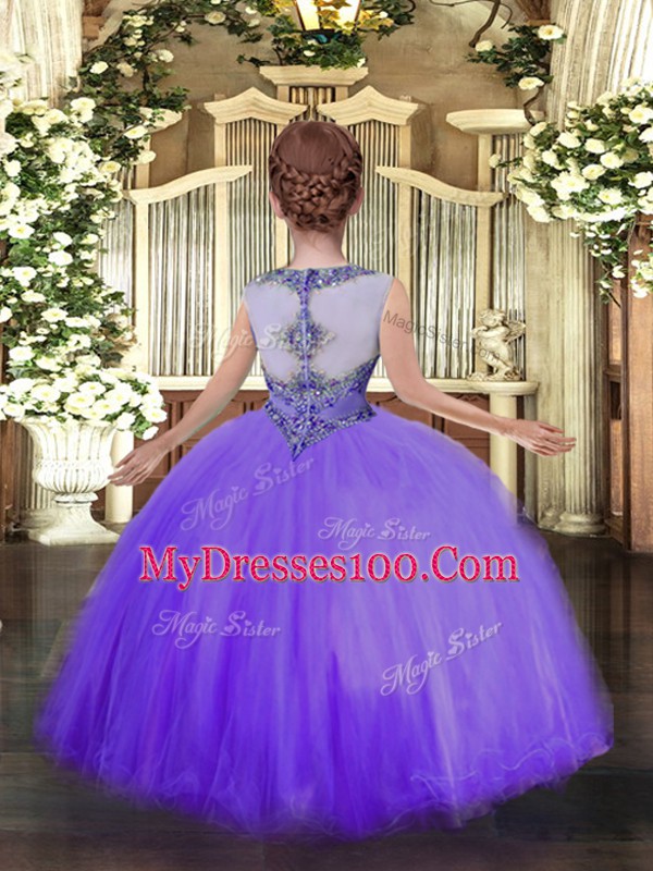Trendy Lavender Tulle Zipper Scoop Sleeveless Floor Length Little Girls Pageant Gowns Beading