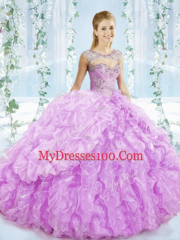 Custom Design Lilac Ball Gown Prom Dress Sweet 16 and Quinceanera with Beading and Ruffles Sweetheart Sleeveless Brush Train Lace Up