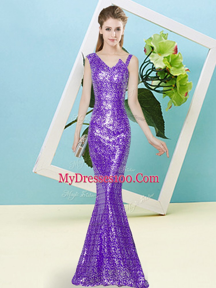 Fabulous Floor Length Lavender Prom Party Dress Sequined Sleeveless Sequins
