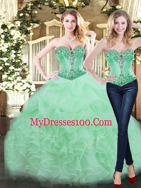 Shining Floor Length Apple Green 15 Quinceanera Dress Organza Sleeveless Ruffles