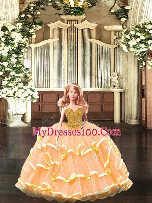 Fashion Floor Length Ball Gowns Sleeveless Orange 15 Quinceanera Dress Lace Up