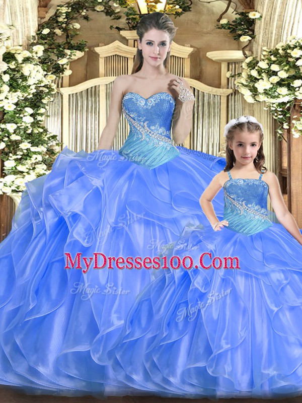 Enchanting Baby Blue Lace Up Sweetheart Beading and Ruffles 15 Quinceanera Dress Tulle Sleeveless