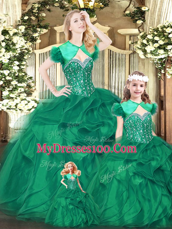 Exceptional Green Sleeveless Floor Length Beading and Ruffles Lace Up Quinceanera Gown