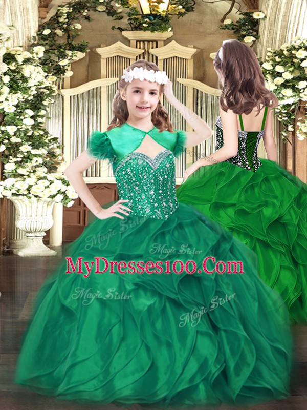 Exceptional Green Sleeveless Floor Length Beading and Ruffles Lace Up Quinceanera Gown