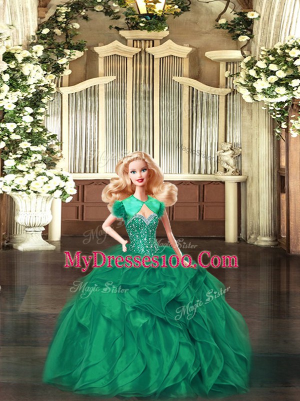Exceptional Green Sleeveless Floor Length Beading and Ruffles Lace Up Quinceanera Gown
